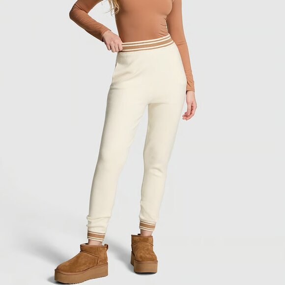 Victoria's Secret PINK Pants XL Cream Varsity Knit Jogger High Rise Loungepants - Picture 1 of 5
